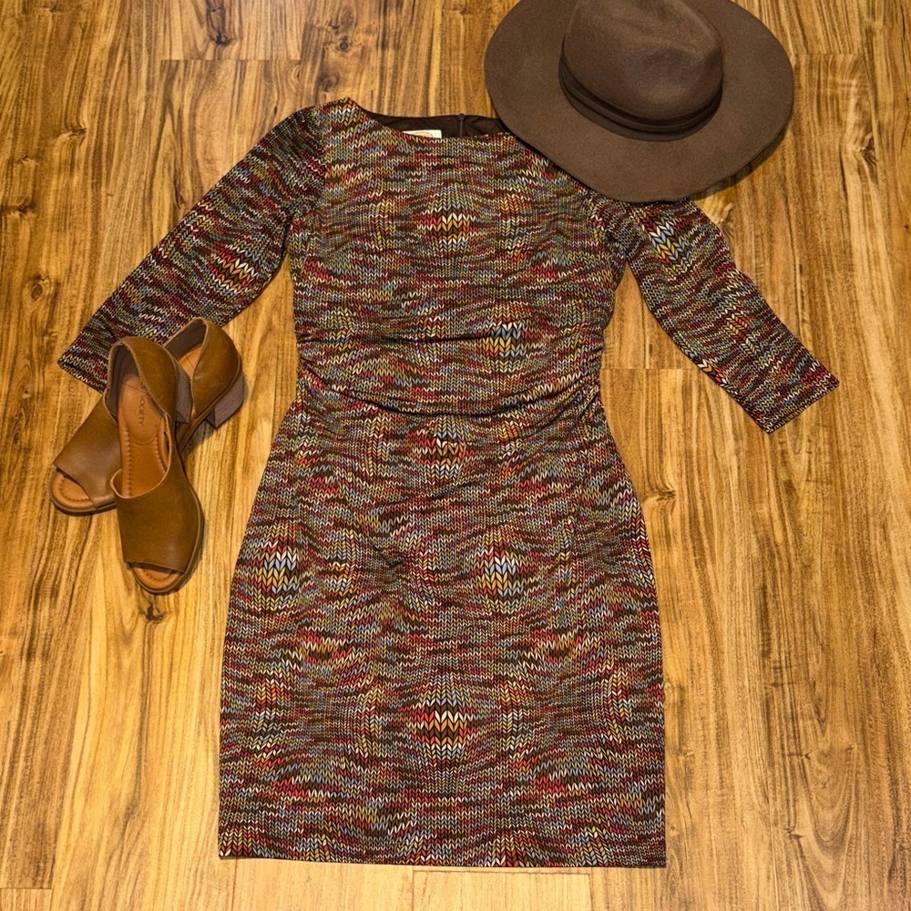 Talbots women dress 8 medium 3/4 sleeve brown Multi pattern ruching stretch